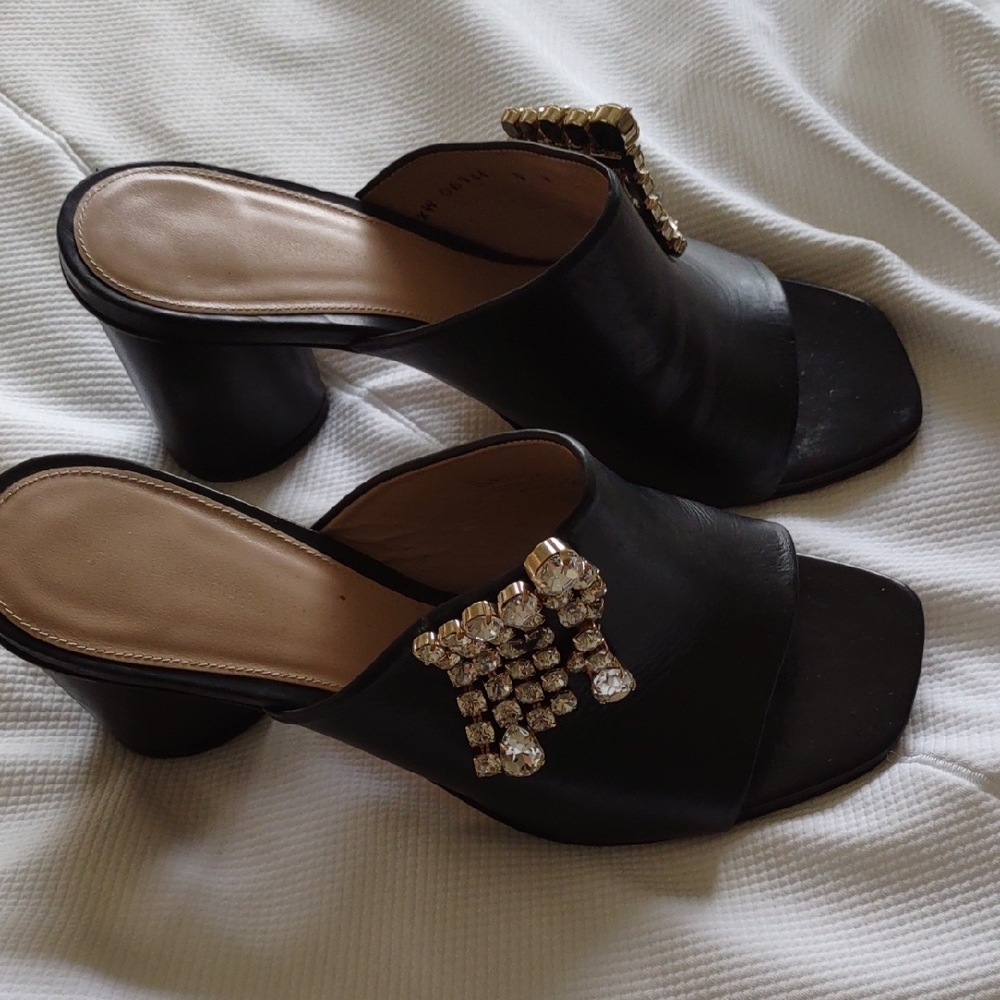Stuart Weitzman Beautiful Black Mules with Rhinestone Accent